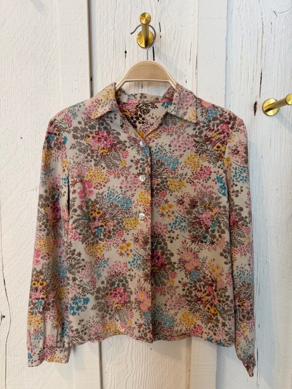 Hand Made Floral Button-Down Long Sleeve Blouse in Neutral Bouquet